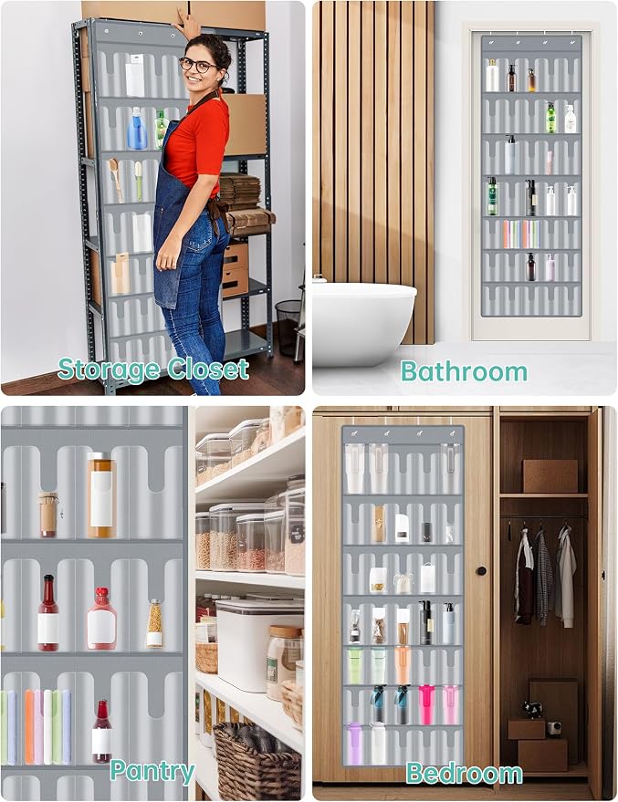 NiHome 35-Pocket Door Hanging Cup Organizer Fit for Stanley Tumbler 30 40oz | Large Capacity Over the Door Water Bottle Storage with Nano Tape, Waterproof Oxford Fabric, U-Shaped Handle Slots (Gray)