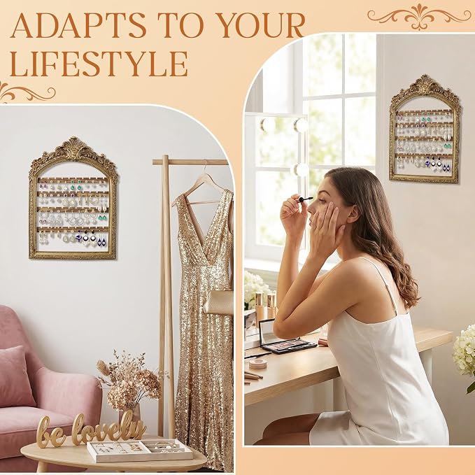 1 Pcs 10 x 6.9'' Wall Hanging Earring Holder Organizers Vintage Arched Frame 4 Layer Wall Mounted Jewelry Holder Decorative Retro Baroque Stud Earring Display (Gold)