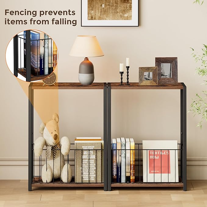 Homleke Narrow Side Table with Magazine Holder, Skinny End Table | Space-Saving Design, Small Spaces, Storage Shelf, Metal Frame, Easy Assembly, 7.1" D x 16.9" W x 23.6" H, Rustic Brown