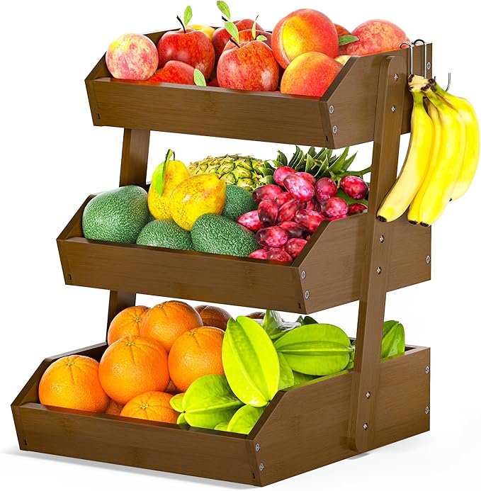 Gmtsl Bamboo Fruit Basket for Kitchen, Fruit Holder for Kitchen Countertop | 3 Tier Fruit bowl for Kitchen Counter, Fruit Stand, Vegetable Basket Storage, Produce Organizer, Bread Snack Display(WALNUT)