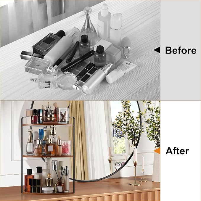 3 Tier Corner Bathroom Counter Organizer, Countertop Organizer, Makeup Organizer Countertop, Bathroom Storage Sink Shelf, Wooden and Metal Counter Shelf (Red Brown)