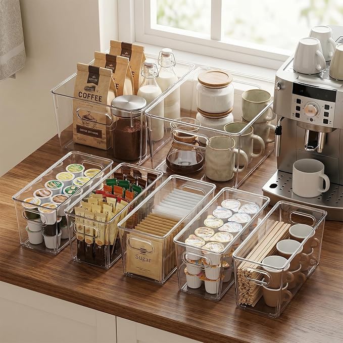MOONEDGE Set of 12 Clear Plastic Storage Organizer Bins, 4 Large & 8 Small | Under-Sink Storage Containers, Bathroom, Kitchen, Fridge, Cabinet Organization, Clear Bins for Organizing, Small Storage Bins