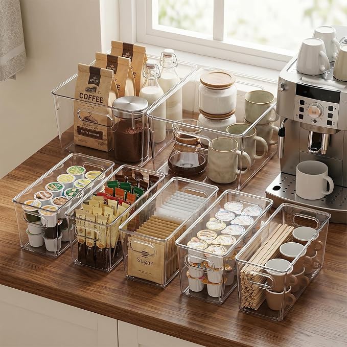 MOONEDGE 10 Pack Clear Plastic Storage Organizer Bins, 4 Large & 6 Narrow | Under-Sink Storage Containers, Kitchen, Pantry, Bathroom, Cabinet Organization, Clear Bins for Organizing, Deep Narrow Bins