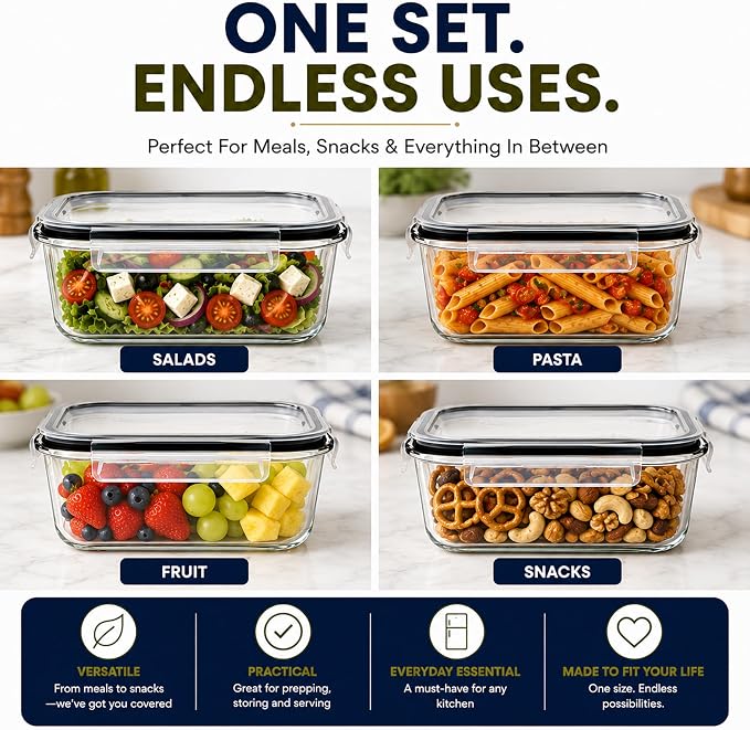 Sorbus Glass Meal Prep Containers Set – Freezer, Dishwasher, Oven Safe – Reusable Food Storage Bowls, 4 Cup Capacity for Meal Prep and Storage (4 Rectangular Vented Lid)