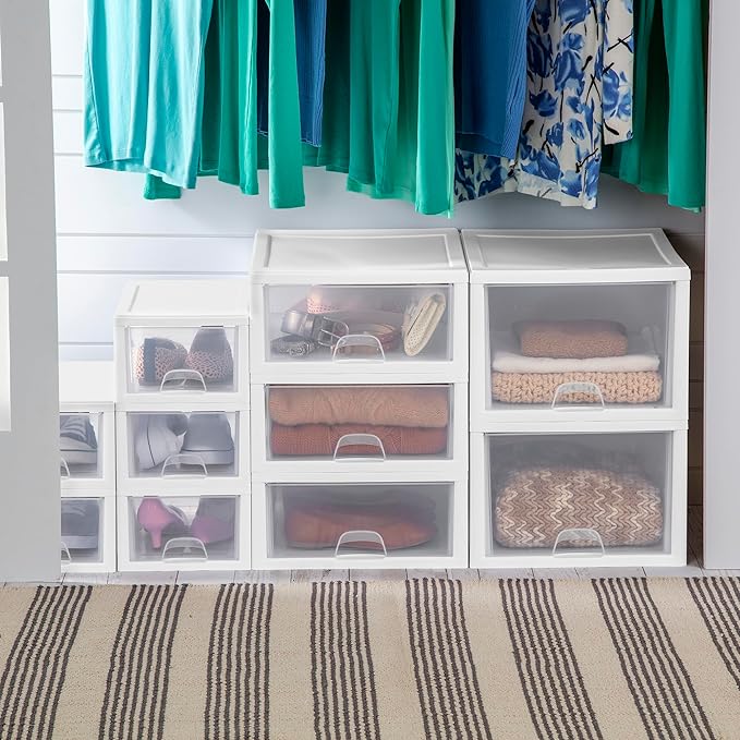 Sterilite 24-Pack 6 Quart Stacking Drawer, Clear Storage Closet Organizer, White Frame - Stackable Modular Plastic Drawers for Clothes, Accessories, Craft Supplies, Shoes or Linens