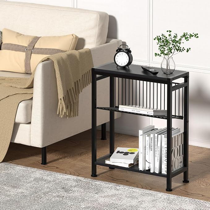Side Table for Small Spaces, Set of 2 Narrow End Table with Magazine Holder, 2 in 1 Design Slim Side Table, Skinny Nightstand for Living Room Bedroom, Thin Side Magazine Table, Black
