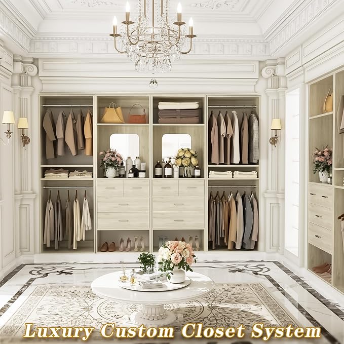 Unikito 100" Closet System with Drawers, 8.3FT Wood Closet Organizer with Hanging Rods, Mirror and Shelves, Large Walk-In Closet Organization Towers, White Oak
