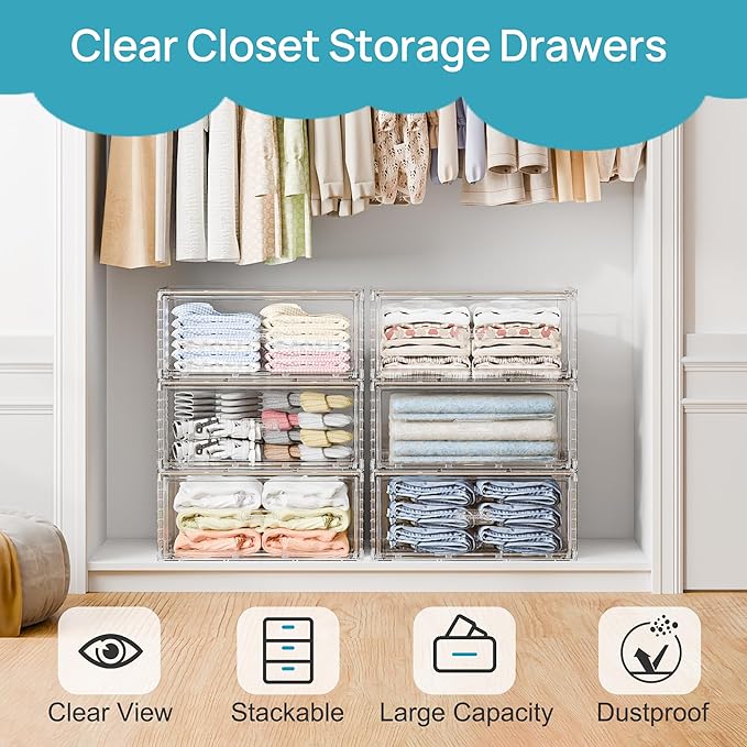 Vtopmart 6 Pack Large Clear Stackable Storage Drawers 23QT | Easily Assemble Plastic Closet Storage Bins, Dust-Proof UnderBed Organizer for Clothing, Sweater Organization