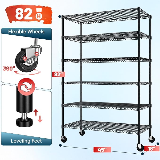 Romorgniz Storage Shelves with Wheels, 6 Tier Wire Shelving Adjustable Metal Shelving Pantry Shelves Capacity 1200LBS for Garage, Pantry, Kitchen, Office,82" H X45 W X18 D,Black,4P