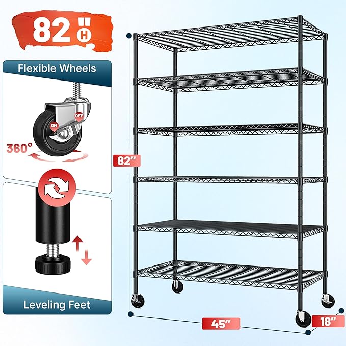 Romorgniz 6-Tier Rolling Storage Shelves, 82" H x 45" W x 18" D Adjustable Wire Shelving Unit with Locking Wheels, Heavy-Duty Metal Rack for Garage, Pantry, Kitchen, Basement – Black