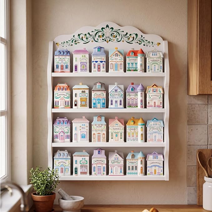 Leinuosen Vintage Spice Jar Wooden Rack with 4 Shelves and Drawer Hanging Spice Rack Wall Mounting Kitchen Storage Village Style Display Shelf for 24 Jars Shelf Only 20.47 x 14.57 x 3.15 Inches