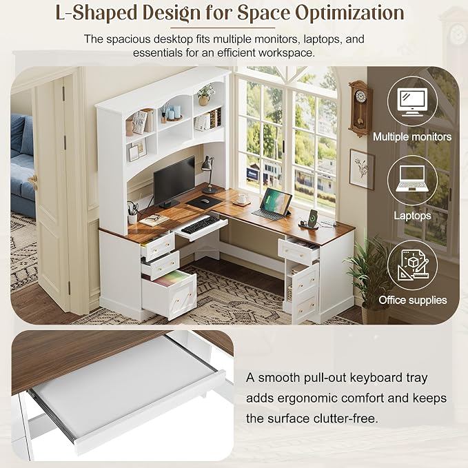 Merax L Shaped Desk White, Corner Computer Desk with Dual Charging Stations & Keyboard Tray, Farmhouse Home Office Desk with Hutch, File Drawer & Storage Cabinet, Space Saving Workstation