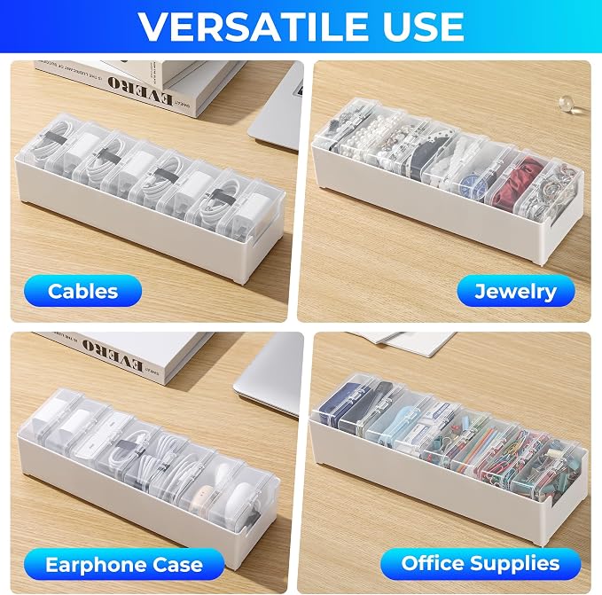 Large Cable Organizer Box with 8 Clear Switch Case, 1 Pack Clear Phone Charger Cable Organizer Box for Home Office Desk Accessories Wire Organization Stationery Supplies (white)