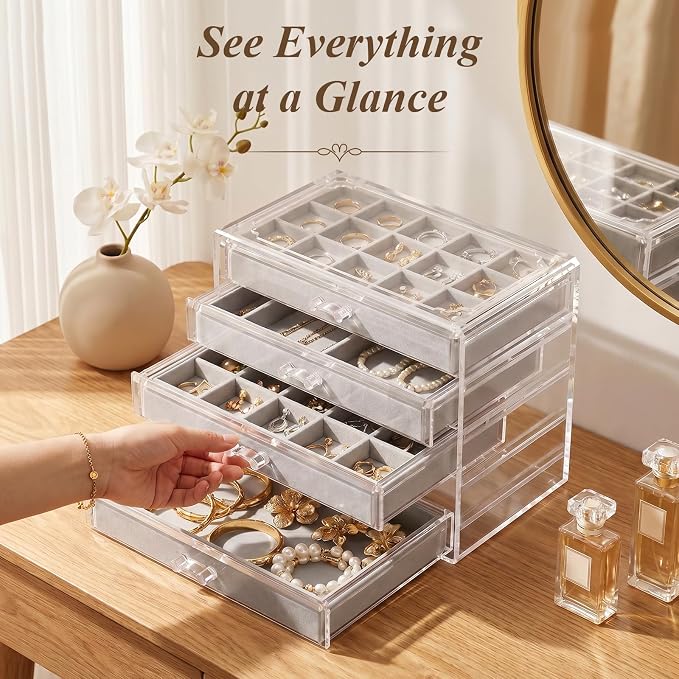 Clear Jewelry Organizer Earring Holder Organizer, Jewelry Box with 4 Drawers Clear Acrylic Stackable Earring Case with Adjustable Velvet Trays for Women and Girls, Grey