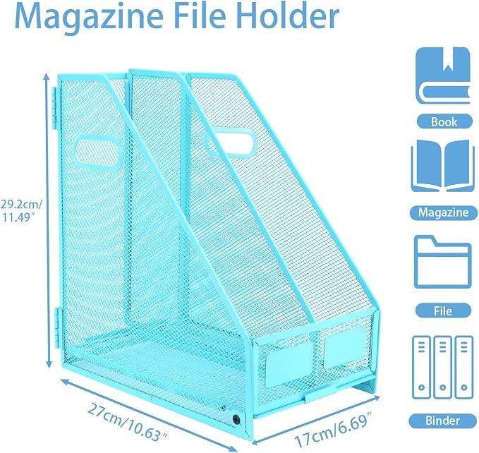 Desk Organizers Metal Magazine File Holder Racks Desktop Folder Storage Binder Organiser Document Organization for Home Office & Classroom,2 Vertical Compartments-Blue