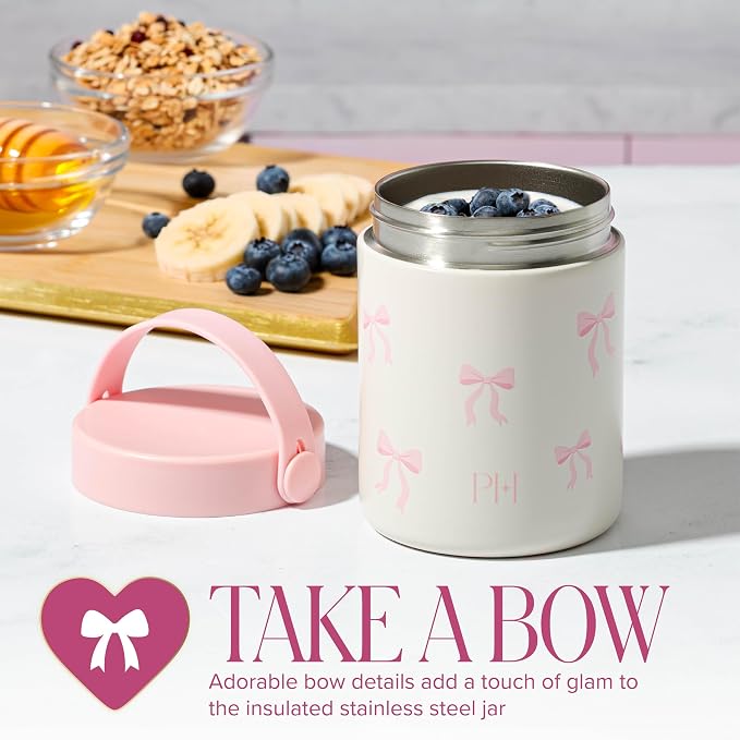 Paris Hilton Double Wall Stainless Steel Food Jar, Vacuum Insulated Leakproof Thermal Lunch Container with Printed Pink Bow Design, Keeps Food Hot or Cold for Hours, 15-Ounce, Marshmallow Dreams White
