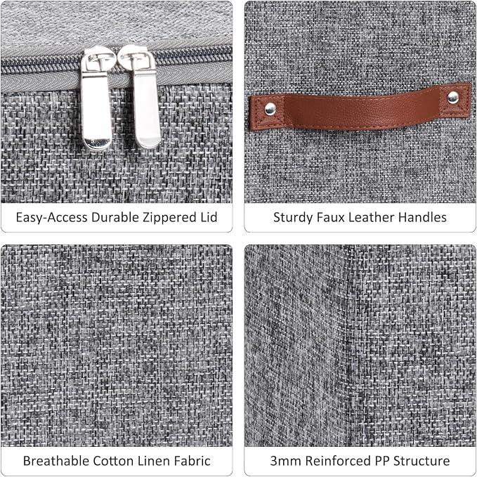 4PCS Large Storage Cubes with Zippered Lids 3 PU Leather Handles | Fabric Storage Bins Boxes Cotton Linen Decorative Foldable Washable Lidded Shelf Closet Organizer Container (Gray, 13 Inch)