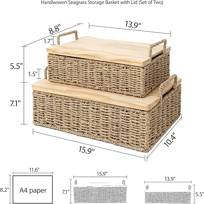 Woven Seagrass Wicker Storage Basket Set of 2 with Wooden Lids | Stackable Basket with Handles, Rectangular Decorative Basket for Shelves Home, Closet & Desktop Organization