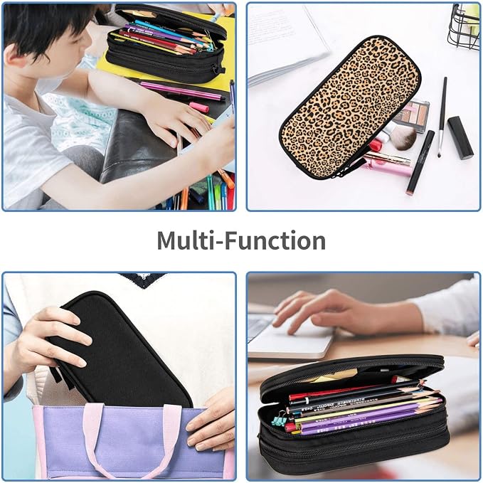 Perinsto Leopard Animal Skin Print Pencil Case Big Capacity Multi Compartment Stationery Box Pencil Pouch Holder Desk Organizer For School Office Home