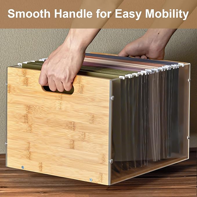 Sbanmao Clear Acrylic File Box Organizer, Bamboo Hanging Folder Storage Boxes, Filing Crate Bin Holder with Handle for Home Office Desk, Letter Size