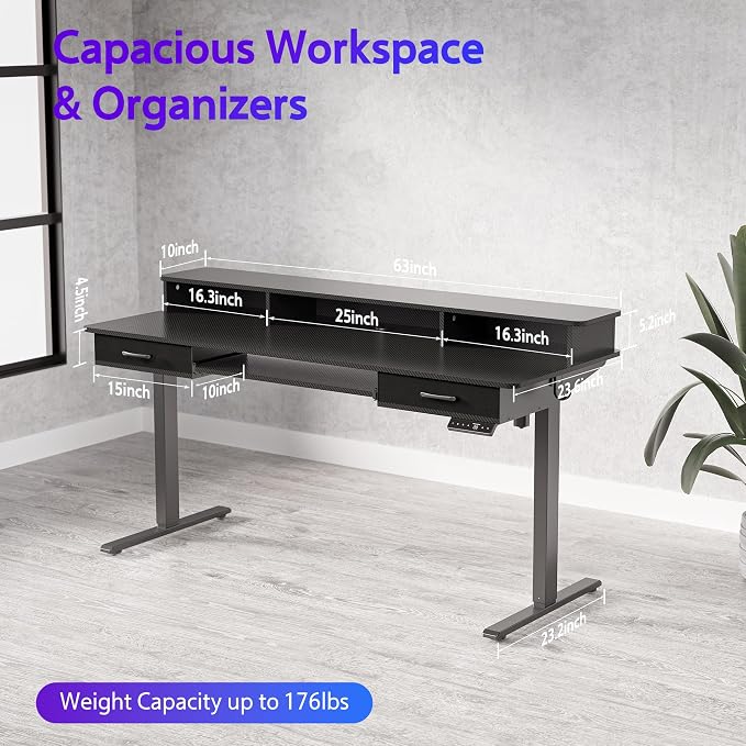 WALKINGDESK 63x24 Inches Electric Standing Desk with Keyboard Tray, Height Adjustable Stand up Desk with 2 Drawers, Ergonomic Sit to Stand with Storage Monitor Stand, Computer Table, Black