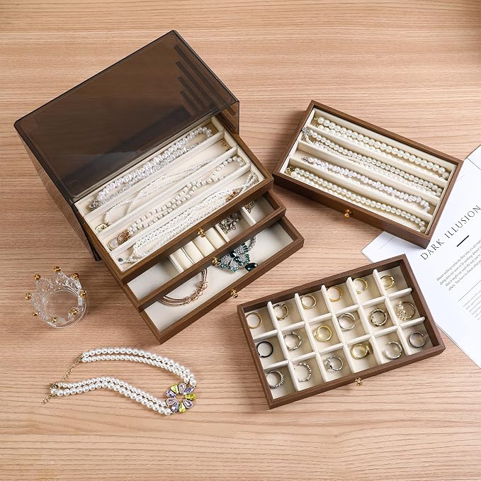 CLUQMEIK 5 Layer Large Wooden Jewelry Box with Acrylic Lid and Wooden Drawers, Stackable Jewelry Organizers and Storage Box for Women and Girls to Storing Rings Earrings Necklaces Bracelets