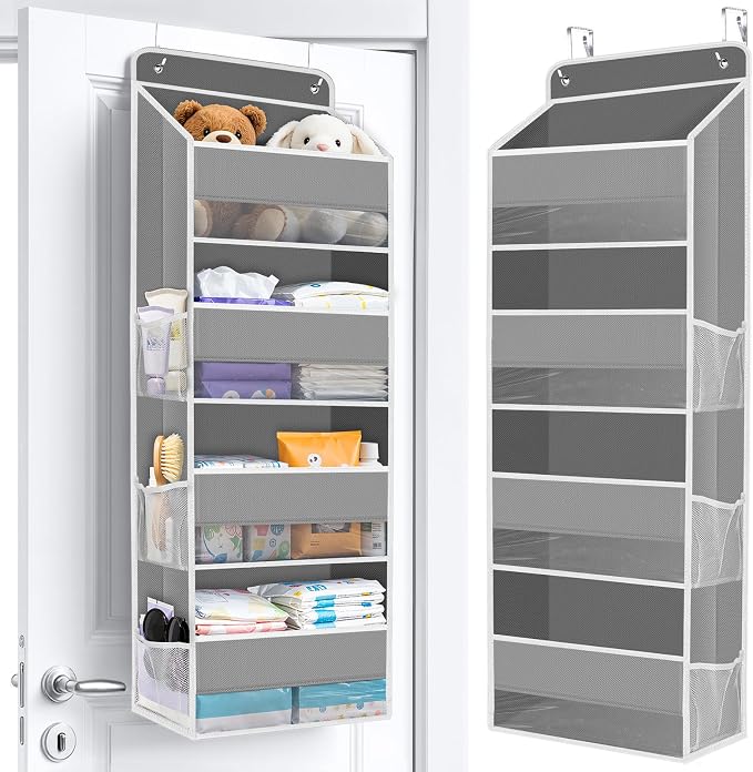 WISELIFE Over The Door Organizer Storage with 4 Large Pockets Door Hanging Organizer with Clear Windows behind The Door Storage for Nursery Bedroom Bathroom Pantry Closet and Baby Essentials Grey