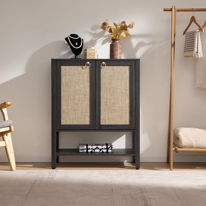 SICOTAS Rattan Shoe Storage Cabinet, 5 Tier Shoe Organizer with Doors and Shelves, 24 Pair Capacity Tall Farmhouse Boho Shoe Rack for Entryway Hallway Living Room Closet, Obsidian