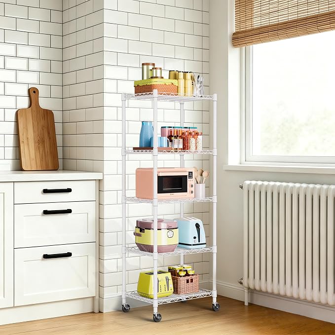 REGILLER 5-Wire Shelving Metal Storage Rack Adjustable Shelves,Standing Storage Shelf Units for Laundry Bathroom Kitchen Pantry Closet(White,11.8" D x 16.6" W x 53.5" H,With Wheels)