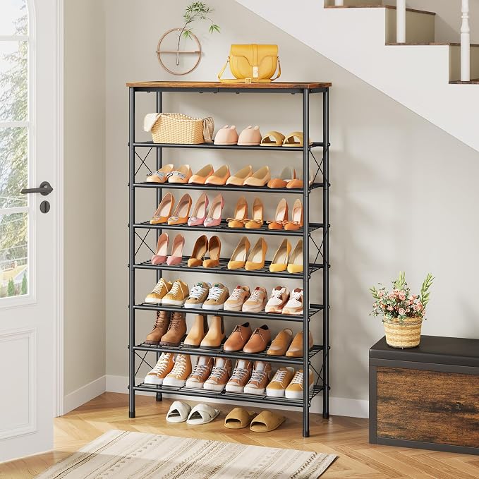 Tajsoon 8 Tier Shoe Rack Organizer for 28-32 Pairs of Shoes, Metal Mesh Shoe Shelf for Closet, Industrial Shoe Rack for Entryway Shoe Storage with X Shape Fixed Frame, Rustic Brown & Black