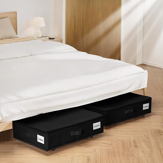 Vincona Under Bed Storage with Wheels, 2 Pack Under Bed Storage Containers with Label Holders for Clothes, Shoes and Blankets, Rolling Underbed Shoe Organizer with Cover, Black (23.6 x 15.7 x 7.28 in)