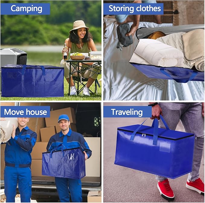 8 Pack Real 100lb Capacity Heavy Duty Moving Bags with Strong Zippers and Reinforced Handles, Extra Large Storage Totes for Packing & Moving Storing, Space Saving Alternative to Moving Boxes-95L,Blue