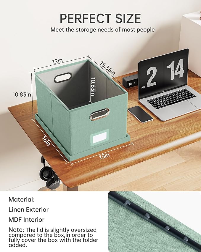 Oterri File Organizer, File Box, File Cabinet for Letter File Folder Storage, Portable Storage Bins with Lids for Office/Decor/Home,Document Organizer, 1 Pack,Green-Box Only