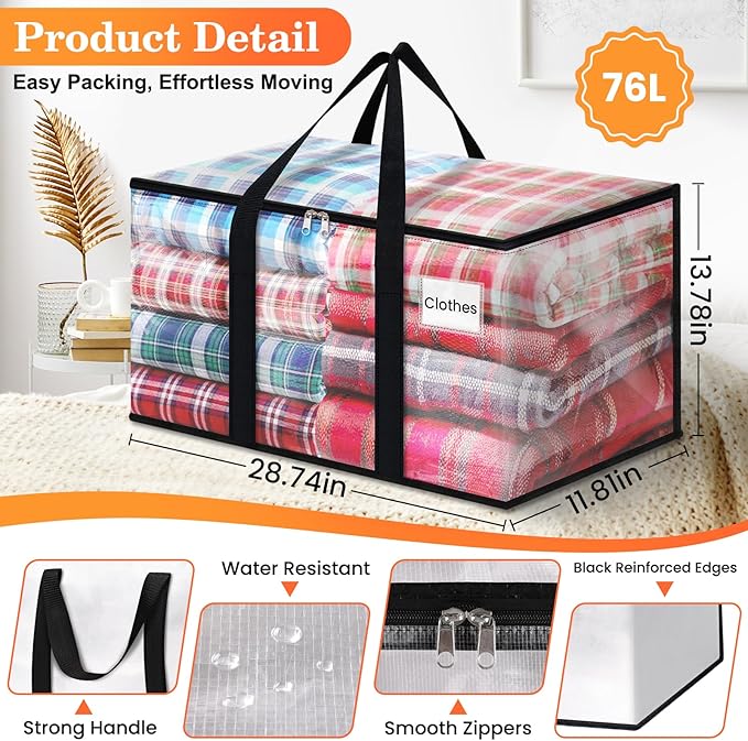 Extra Large Heavy Duty Moving Bags, Storage Bags with Strong Zippers & Handles, Packing Bags for Moving Essentials, Ideal Storage Tote for Home, Dorm & Storage Solutions, 76L, 6 Packs, Clear