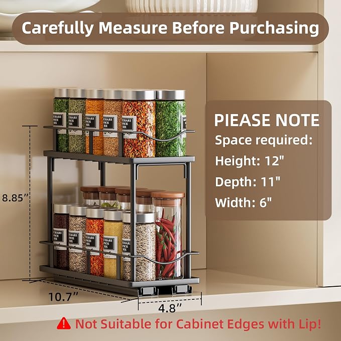 1 Packs Pull Out Spice Rack Organizer for Cabinet, 2-Tier Slide Out Seasoning Organizer, Narrow Cabinet Spice Rack, 10.7" Dx4.8 Wx8.85 H, Full Extension Ball Bearing Glides, Kitchen Pantry Organizer