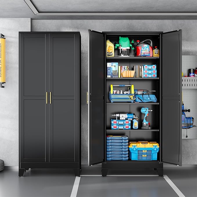 Black Pantry Storage Cabinet,71" Kitchen Pantry with Doors and 4 Adjustable Shelves, Metal Storage Cabinet, for Office, Home, Garage, School