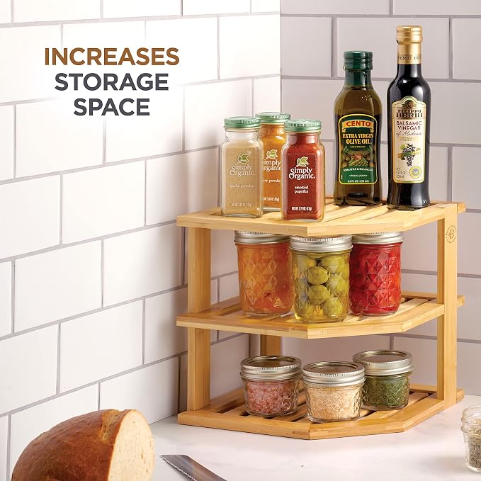 Bamboo Plate Organizer for Cabinet, 3 Tier Corner Shelf Riser, 2 Pack | Holds heavy stacked dishes mugs bowls, non slip feet, tool included easy assembly, kitchen pantry bathroom counter storage