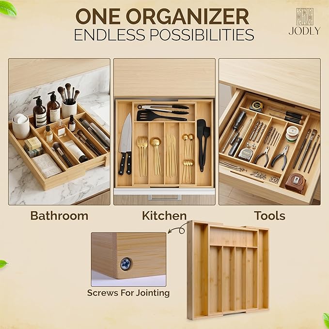Bamboo Kitchen Utensil Drawer Organizer for Silverware | 100% Natural Expandable 14-20 Inch Kitchen Drawer Organizers for Utensils | Non-Slip Base | Screwed Joints for Long-Lasting Durability