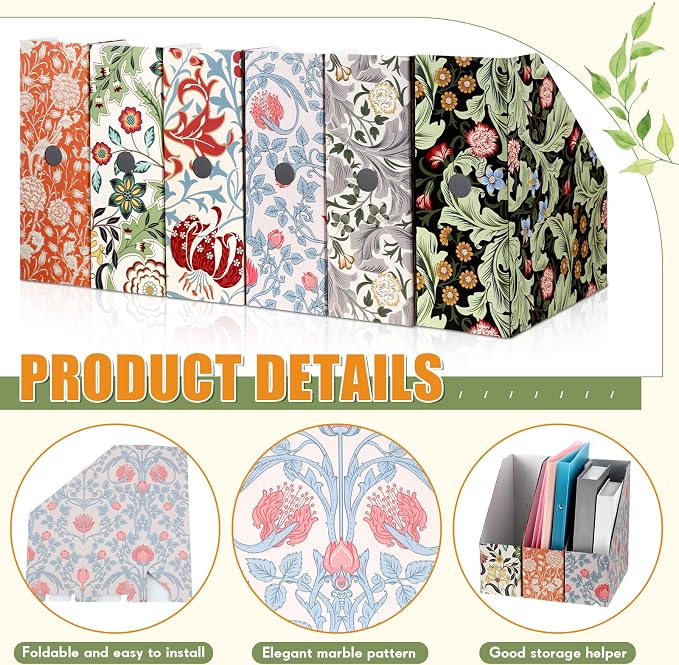 PerKoop 6 Pcs Decorative Magazine File Holders Floral Foldable File Folders Magazine Storage Boxes Rack Desk Organizer Documents with Printable Labels for School Office Home (Floral)