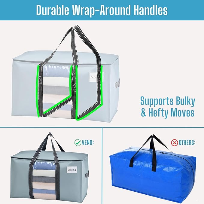 VENO 8 Pack Moving Bags with Clear Window, Heavy Duty Storage Bins with Lid, Around Handles, Tag, Zippers, Extra Large Totes Packing Moving Boxes Supplies for College Dorm Clothes (Light Blue)