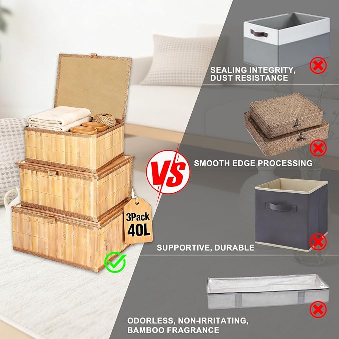 3 Pack Bamboo Decorative Shelf Basket,Woven Storage Boxes with Lined，Nesting Lidded Box with Lids for Toys,Cosmetics,Office,sundries,Closet,natural & eco-friendly bamboo storage organizers