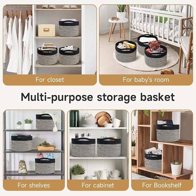 Small Rope Baskets for Storage, Baskets for Gifts Empty, Cute Round Woven Basket, Decorative Shelf Baskets 9.82×9.82×7.1", Cotton Toy Basket Storage Bins for Organizer 3 Packs-Brown+Black