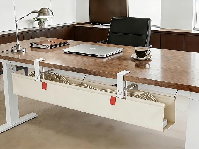 [Upgraded] Under Desk Cable Management, 28" Cord Organizer, with Silicone Pads (No Scratch!), 16 Cable Ties, Washable PE Honeycomb Base,Fits Any Desk 0-2.1", No Stinky Cardboard!Beige28"L x 6"W
