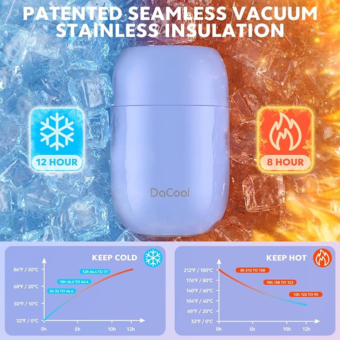 DaCool Stainless Vacuum Insulated Food Jar - 16 Ounce Thermo for Hot & Cold Food, Perfect for School, Work, Picnic & Outdoors - Purple