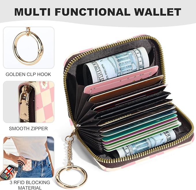 Credit Card Holder for Women,Small Rfid Wallet with Keychain Zipper,Cute PU Leather Card Case Wallet，Accordion Credit Card Wallets Gift,Pink checkered