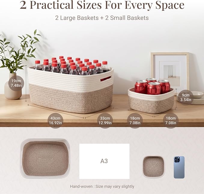 4-Pack Large Woven Rope Storage Baskets, 2 Sizes Organizer Bins | Fabric Cube Boxes and Rectangular Shallow Bins for Closet, Shelf, Bookshelf, Nursery, Changing Table, Bathroom, Toys & Home