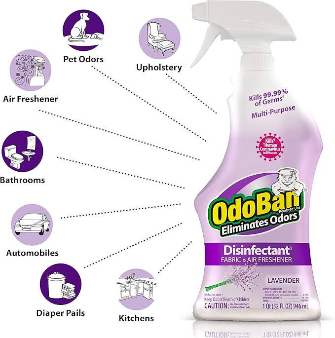 OdoBan Ready-to-Use Disinfectant and Odor Eliminator, Made in the USA, Lavender Scent, Set of 3, 2 Spray Bottles, 32 Ounces Each and 1 Gallon Concentrate