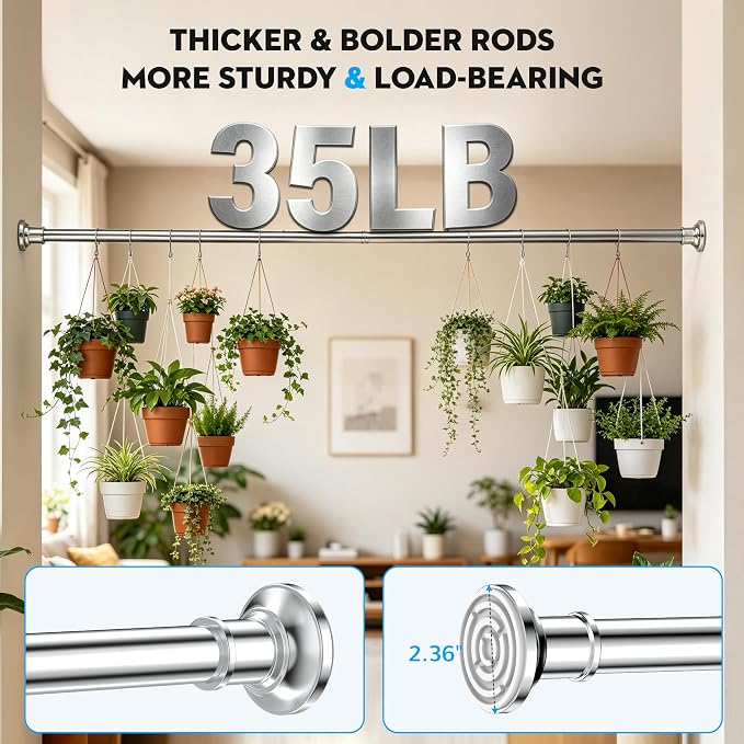 Outdoor Tension Rods No Drilling Curtain Patio Shower Bathroom Curtain Rod Windows Heavy Duty 40-100 Inch Silver Adjustable 1.1 Inch Diameter Thick Spring No Rust