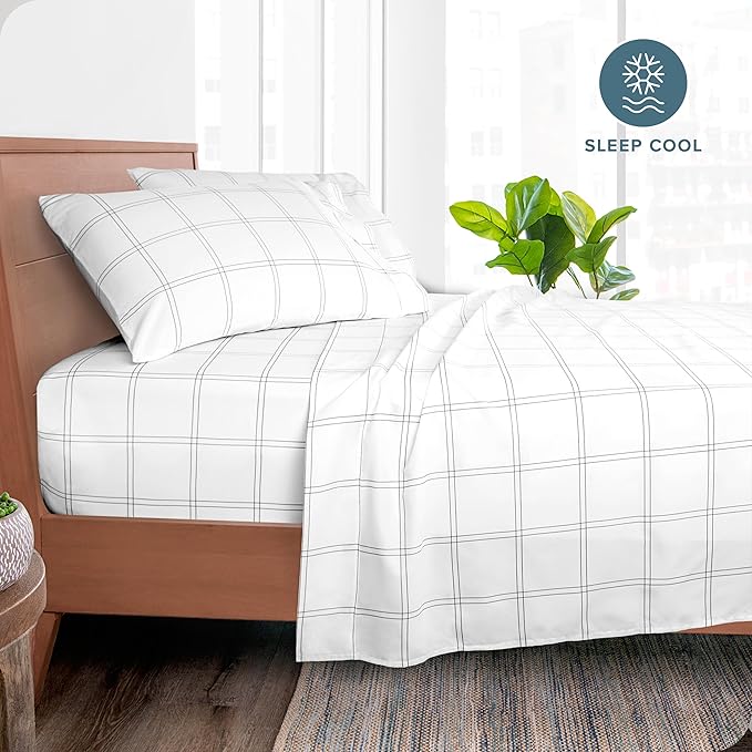 Bare Home Twin XL Sheet Set - College Dorm Size - Luxury 1800 Ultra- Soft Double Brushed Microfiber - Deep Pockets - Easy Fit - 3 Piece Bedding Sheet Set (Twin XL, Modern Plaid - White/Grey)
