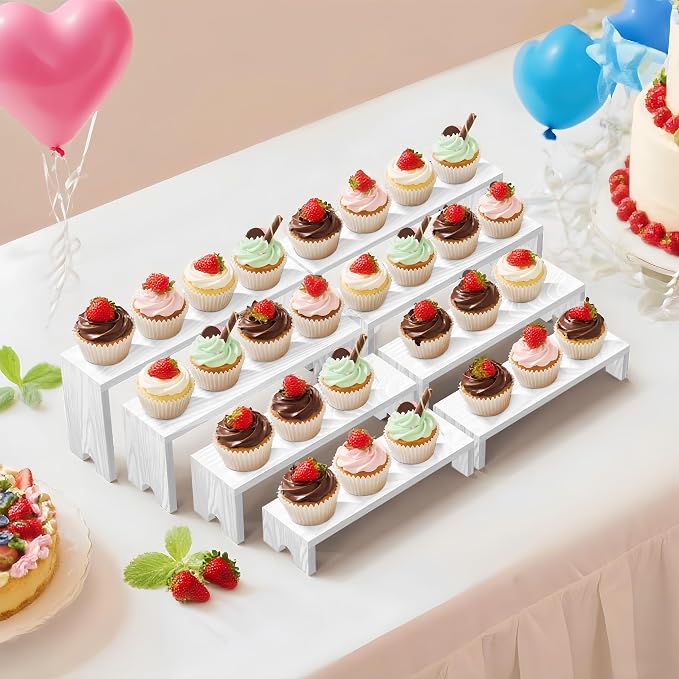 Large 2 Set wood tone Wooden Tiered Display Stands 4 Tier Stackable Pine Wood Display Risers, Suitable for Vendor Events, Cupcake Stands, cake stand Wooden Dessert Table Sets, Vendor Booth Displays,Cosmetic & Perfume Display Tools, Kitchen Spice Storag...